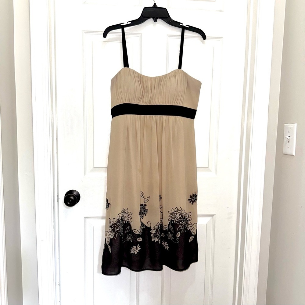 S.L. Fashions Tan and Black Spaghetti Strap Midi Dress
